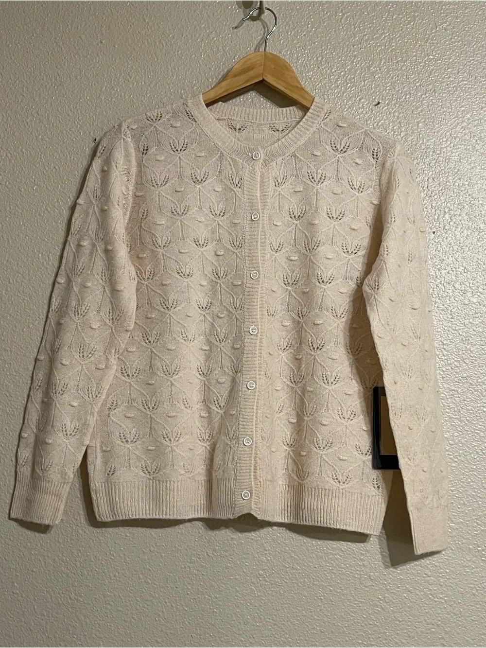 100% Merino Wool Pointelle Knit Cardigan Sweater Cream Leaf